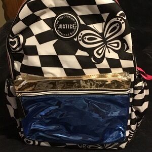Justice Checkerboard Butterfly Backpack with Blue and Gold Pockets